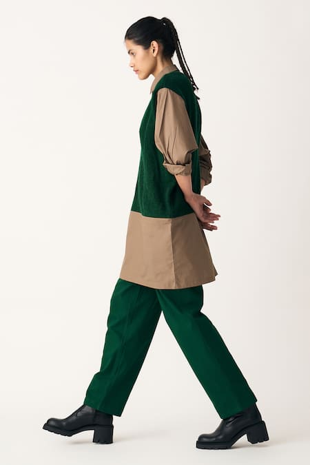 Shop_Three_Emerald Green Heavy Cotton Twill Plain Front Pleated Pant  _Online_at_Aza_Fashions