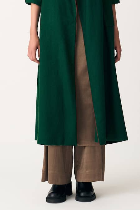Three_Brown Satin Lycra Plain High Waisted Trouser  _Online_at_Aza_Fashions