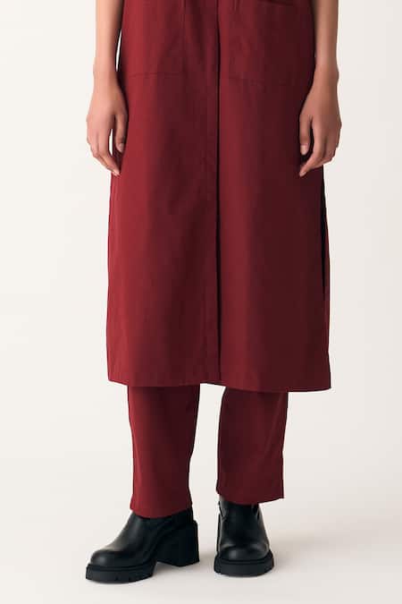 Three_Red Cotton, Twill Solid Straight Fit Pant _Online_at_Aza_Fashions