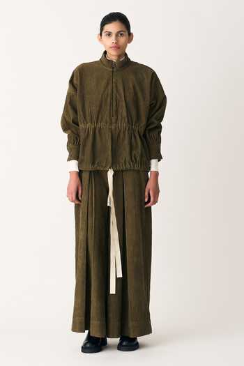 Buy_Three_Green Corduroy Plain Inverted Pleated Trouser  _Online_at_Aza_Fashions