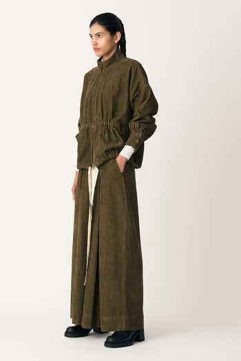 Shop_Three_Green Corduroy Plain Inverted Pleated Trouser  _Online_at_Aza_Fashions