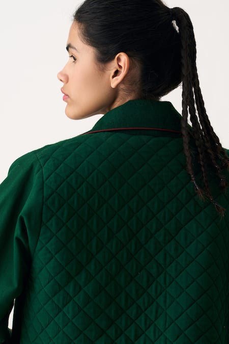 Shop Three Emerald Green Cotton, Wool Collared Quilted Notched Jacket at Aza Fashions Shop_Three_Emerald Green Cotton, Wool Collared Quilted Notched Jacket _at_Aza_Fashions