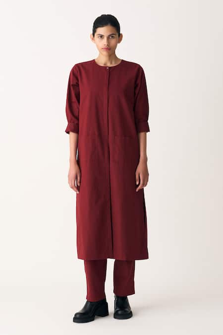 Three_Red Wool, Cotton Round Neck Multi Panelled Jacket _Online_at_Aza_Fashions