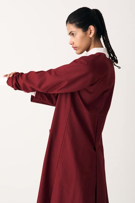 Three_Red Wool, Cotton Round Neck Multi Panelled Jacket _at_Aza_Fashions