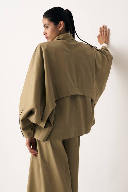Shop Three Green Gabardine, Crepe Collared Batwing Sleeve Jacket Online at Aza Fashions Shop_Three_Green Gabardine, Crepe Collared Batwing Sleeve Jacket _Online_at_Aza_Fashions