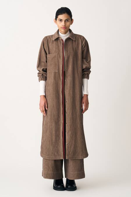 Three_Brown Corduroy Collared Everyday U Hem Shirt _Online_at_Aza_Fashions