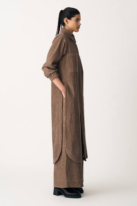 Shop_Three_Brown Corduroy Collared Everyday U Hem Shirt _Online_at_Aza_Fashions