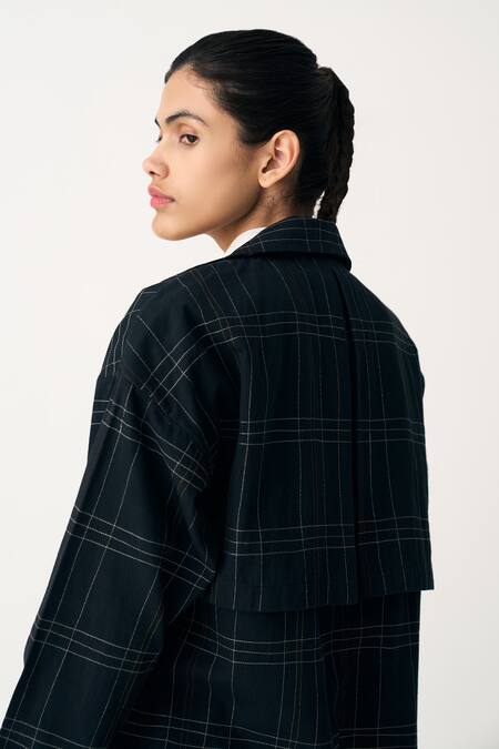 Three Black Cotton, Twill Embroidery Collared Grid Pattern Jacket Online at Aza Fashions Three_Black Cotton, Twill Embroidery Collared Grid Pattern Jacket _Online_at_Aza_Fashions