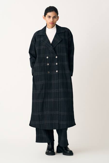 Shop Three Black Cotton, Twill Embroidery Collared Grid Pattern Jacket Online at Aza Fashions Shop_Three_Black Cotton, Twill Embroidery Collared Grid Pattern Jacket _Online_at_Aza_Fashions