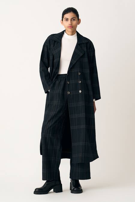 Three Black Cotton, Twill Embroidery Collared Grid Pattern Jacket at Aza Fashions Three_Black Cotton, Twill Embroidery Collared Grid Pattern Jacket _at_Aza_Fashions