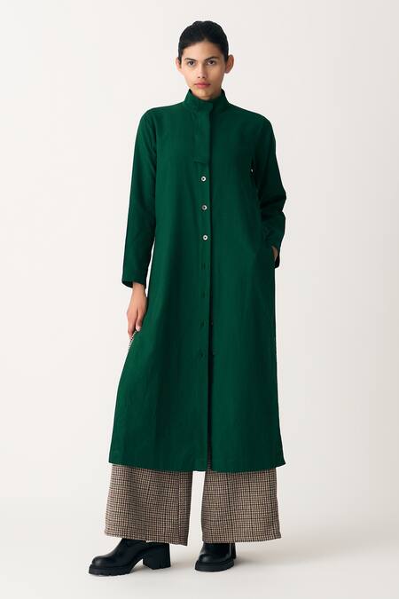Shop_Three_Emerald Green Tunic Heavy Cotton Twill Woven Shirt And Trouser Set _at_Aza_Fashions