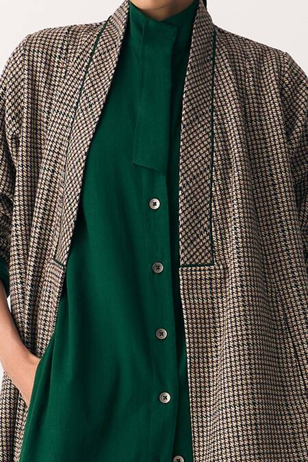Three_Emerald Green Tunic Heavy Cotton Twill Woven Shirt And Trouser Set _Online_at_Aza_Fashions