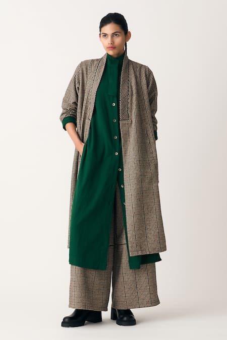 Buy_Three_Emerald Green Tunic Heavy Cotton Twill Woven Shirt And Trouser Set _Online_at_Aza_Fashions