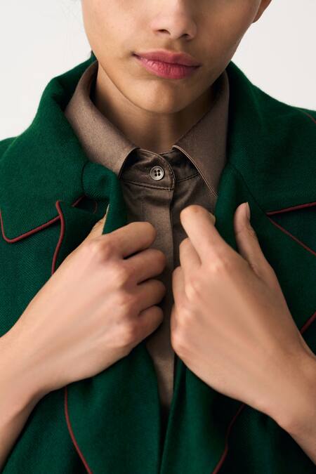 Buy_Three_Emerald Green Jacket Merino Wool Quilted Jacket Notched Trouser Set  _Online_at_Aza_Fashions