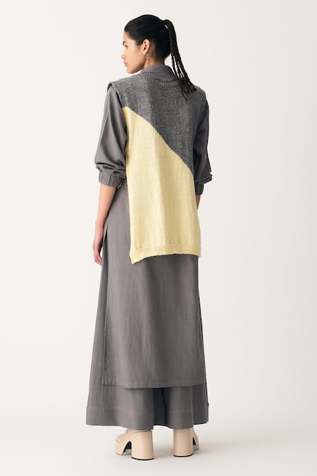Shop_Three_Grey Vest 110% Wool Hand Knitted Vest V Neck Color Block Trouser Set_at_Aza_Fashions
