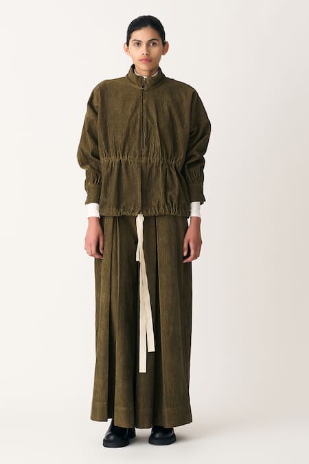 Three_Green Corduroy High Neck Drawstring Top And Trouser Set _Online_at_Aza_Fashions