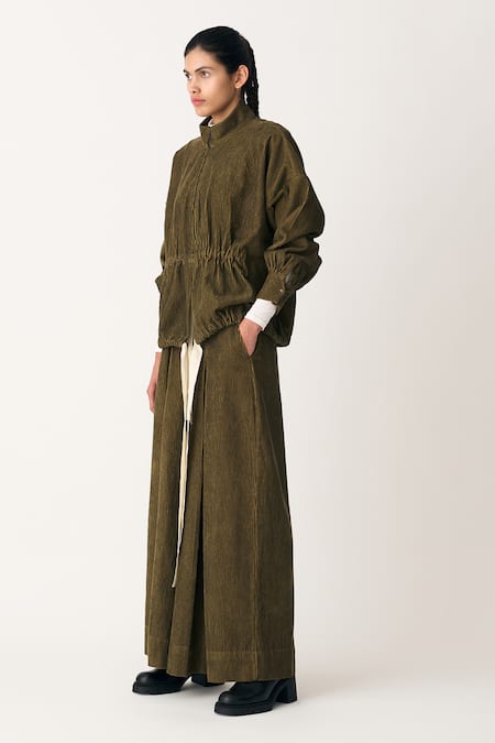 Buy_Three_Green Corduroy High Neck Drawstring Top And Trouser Set _Online_at_Aza_Fashions