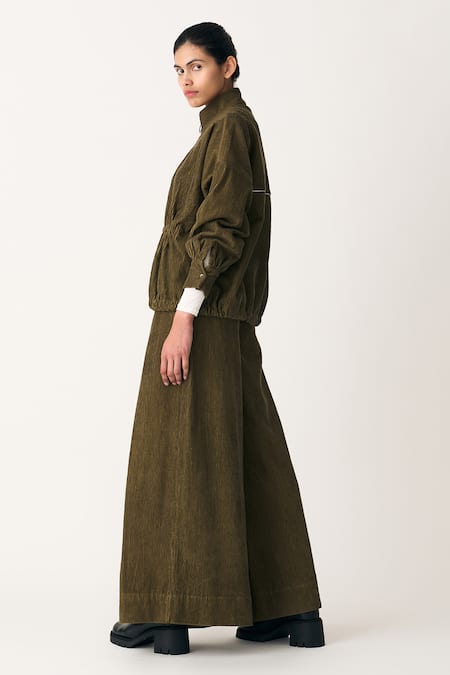Shop_Three_Green Corduroy High Neck Drawstring Top And Trouser Set _Online_at_Aza_Fashions