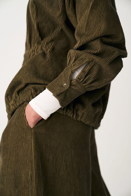 Three_Green Corduroy High Neck Drawstring Top And Trouser Set _at_Aza_Fashions