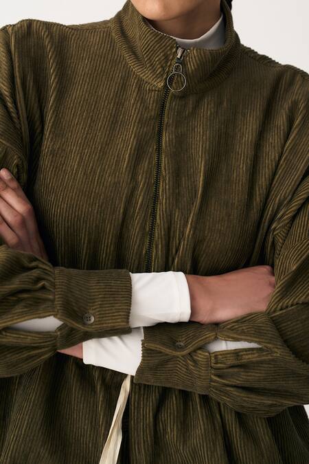 Three_Green Corduroy High Neck Drawstring Top _at_Aza_Fashions