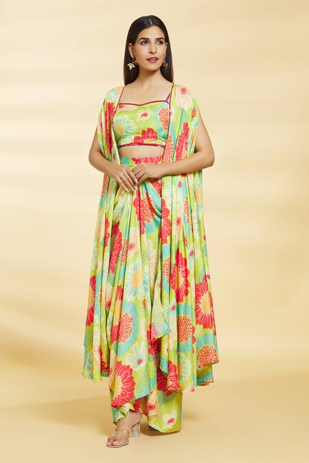 Shop_Samyukta Singhania_Green Muslin, Silk Sequins Floral Pattern Embroidered Cape Draped Skirt Set _Online_at_Aza_Fashions