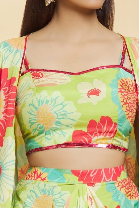 Samyukta Singhania_Green Muslin, Silk Sequins Floral Pattern Embroidered Cape Draped Skirt Set _at_Aza_Fashions