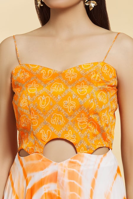 Shop Samyukta Singhania Orange Georgette Sweetheart Neck Shibori Pattern Jumpsuit Online at Aza Fashions Shop_Samyukta Singhania_Orange Georgette Sweetheart Neck Shibori Pattern Jumpsuit _Online_at_Aza_Fashions