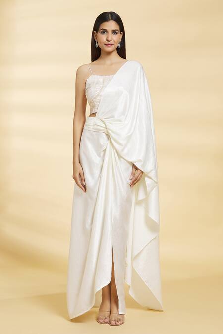 Samyukta Singhania_White Silk Satin Sequins Square Neck Embroidered Crop Top Draped Skirt Set_Online_at_Aza_Fashions