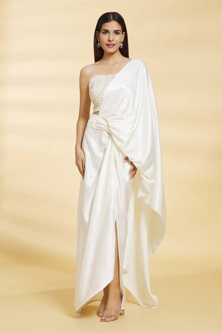 Buy_Samyukta Singhania_White Silk Satin Sequins Square Neck Embroidered Crop Top Draped Skirt Set_Online_at_Aza_Fashions