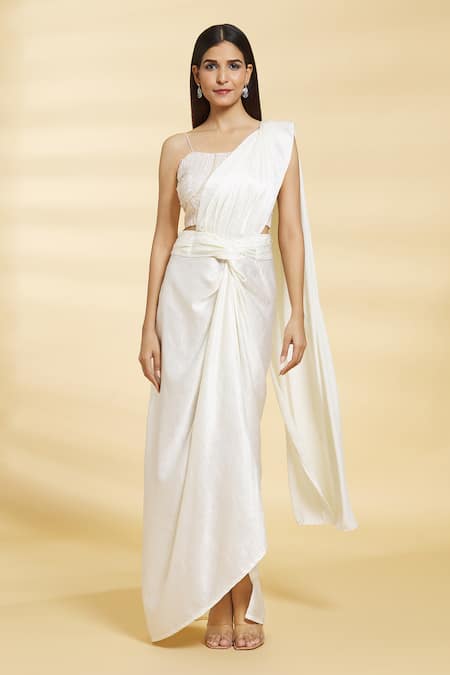 Shop_Samyukta Singhania_White Silk Satin Sequins Square Neck Embroidered Crop Top Draped Skirt Set_Online_at_Aza_Fashions