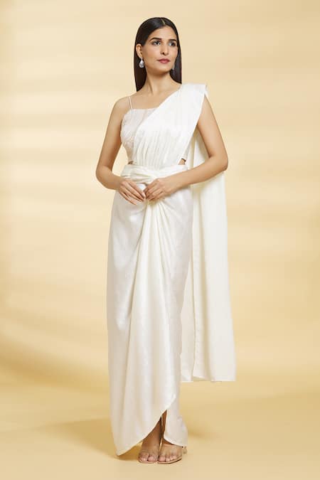 Samyukta Singhania_White Silk Satin Sequins Square Neck Embroidered Crop Top Draped Skirt Set_at_Aza_Fashions