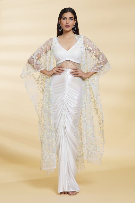 Khwaab by Sanjana Lakhani White Top And Skirt Imported Crushed Fabric Embroidered Sequin Jacket Draped Set