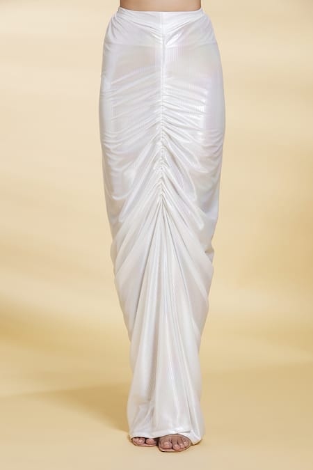 Samyukta Singhania_White Crepe, Net Sequins, Beads V-neck Embroidered Jacket Draped Skirt Set _Online_at_Aza_Fashions