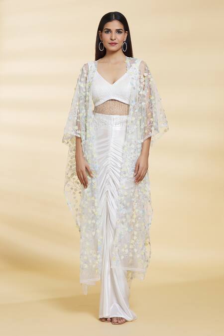Buy_Samyukta Singhania_White Crepe, Net Sequins, Beads V-neck Embroidered Jacket Draped Skirt Set _Online_at_Aza_Fashions