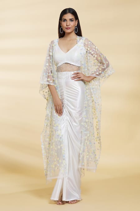 Shop_Samyukta Singhania_White Crepe, Net Sequins, Beads V-neck Embroidered Jacket Draped Skirt Set _Online_at_Aza_Fashions