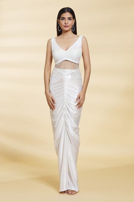 Buy_Samyukta Singhania_White Crepe, Net Sequins, Beads V-neck Embroidered Jacket Draped Skirt Set 