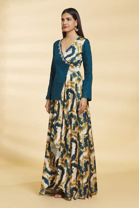 Buy_Samyukta Singhania_Blue Satin Embroidery V-neck Wrap Over Jumpsuit _Online_at_Aza_Fashions