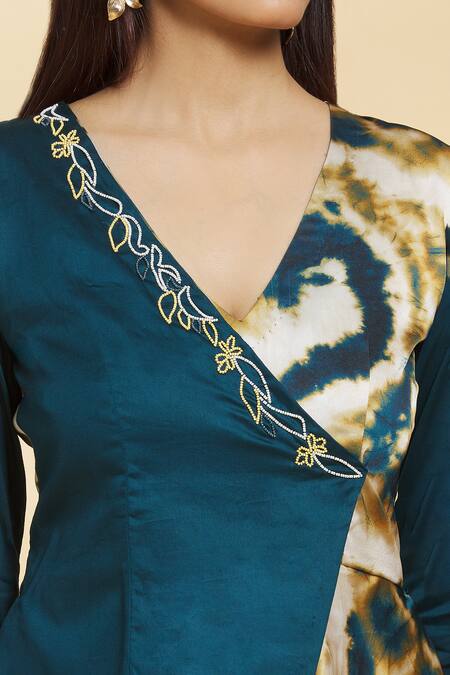 Shop_Samyukta Singhania_Blue Satin Embroidery V-neck Wrap Over Jumpsuit _Online_at_Aza_Fashions