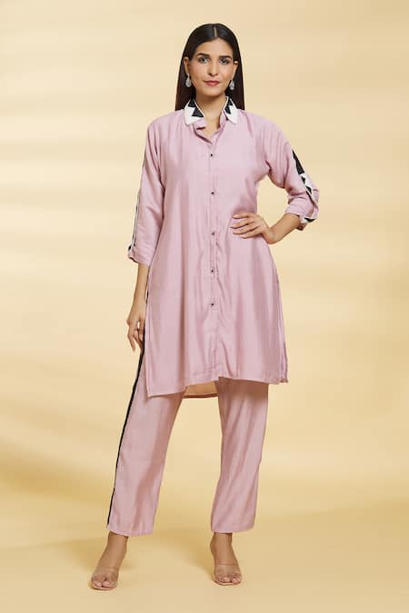 Khwaab by Sanjana Lakhani Purple Silk Cotton Embroidered Bead Collared Shirt Kurta And Pant Set