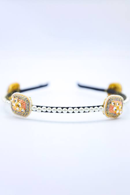 Foot Fuel_Gold Beads, Crystals Embellished Brooch Hair Band _Online_at_Aza_Fashions