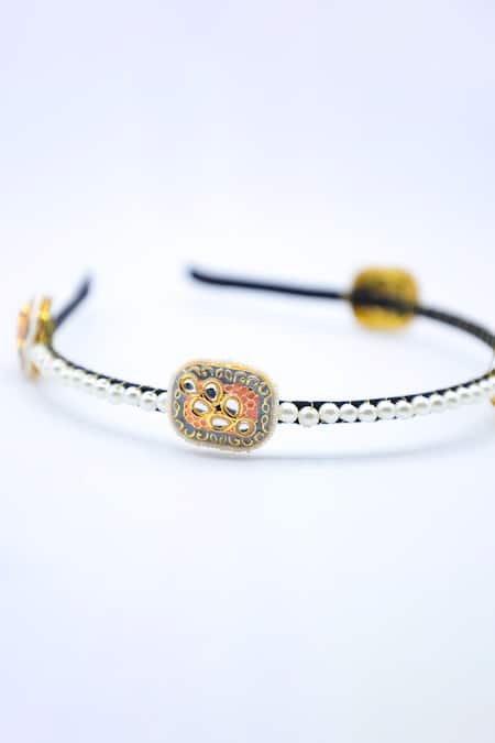 Buy_Foot Fuel_Gold Beads, Crystals Embellished Brooch Hair Band _Online_at_Aza_Fashions