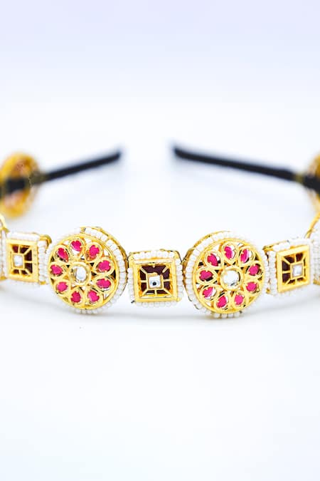 Foot Fuel_Gold Crystals, Beads Contrast Floral Embellished Hair Band _Online_at_Aza_Fashions