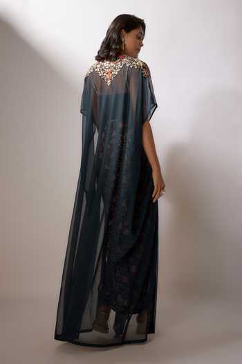 Buy_Nadima Saqib_Blue Silk, Crepe Zari Sweetheart Neck Zardosi Embroidered Cape Draped Skirt Set _Online_at_Aza_Fashions