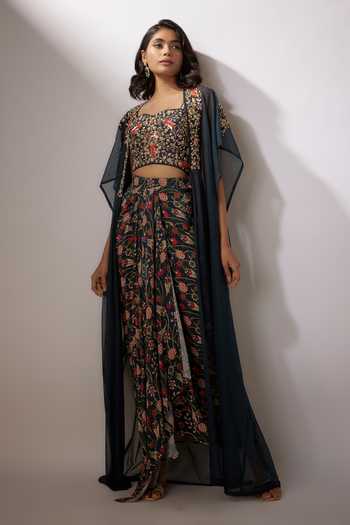 Shop_Nadima Saqib_Blue Silk, Crepe Zari Sweetheart Neck Zardosi Embroidered Cape Draped Skirt Set _Online_at_Aza_Fashions
