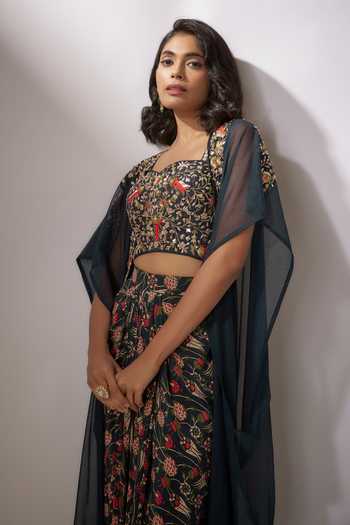 Nadima Saqib_Blue Silk, Crepe Zari Sweetheart Neck Zardosi Embroidered Cape Draped Skirt Set _at_Aza_Fashions