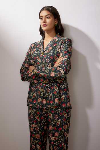 Buy_Nadima Saqib_Blue Denim Sequins, Embroidery Printed Blazer And Pant Set _Online_at_Aza_Fashions