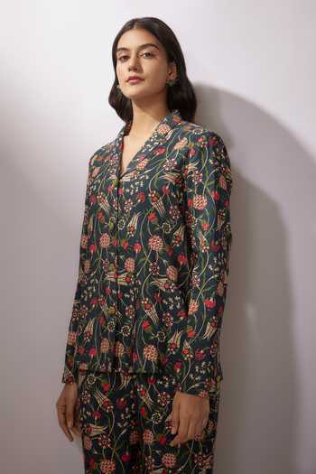 Shop_Nadima Saqib_Blue Denim Sequins, Embroidery Printed Blazer And Pant Set _Online_at_Aza_Fashions