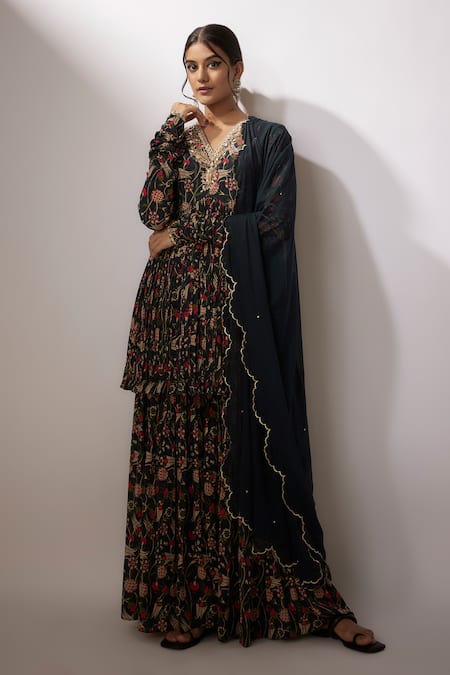 Buy_Nadima Saqib_Blue Crepe, Net Sequins, Embroidery V-neck Zardosi Work Kurta Sharara Set _Online_at_Aza_Fashions