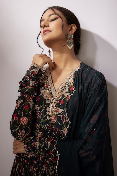 Shop_Nadima Saqib_Blue Crepe, Net Sequins, Embroidery V-neck Zardosi Work Kurta Sharara Set _Online_at_Aza_Fashions