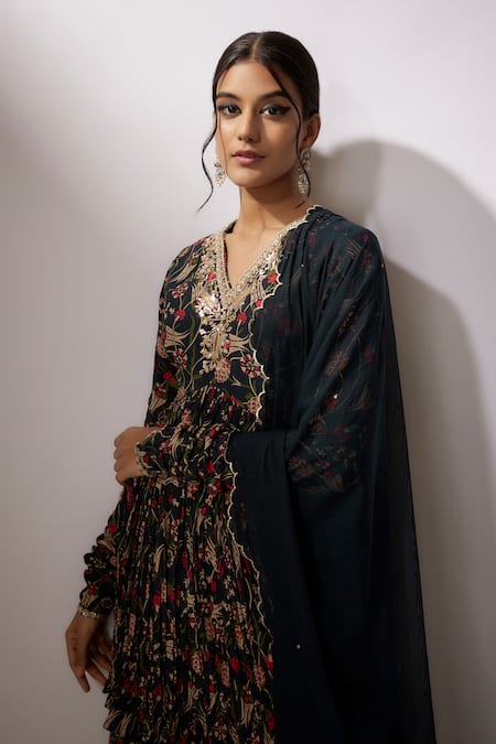 Nadima Saqib_Blue Crepe, Net Sequins, Embroidery V-neck Zardosi Work Kurta Sharara Set _at_Aza_Fashions